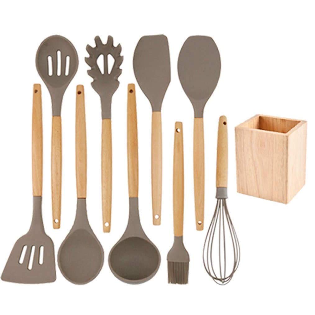 9-Piece Silicone Utensil Set with Wooden Handles