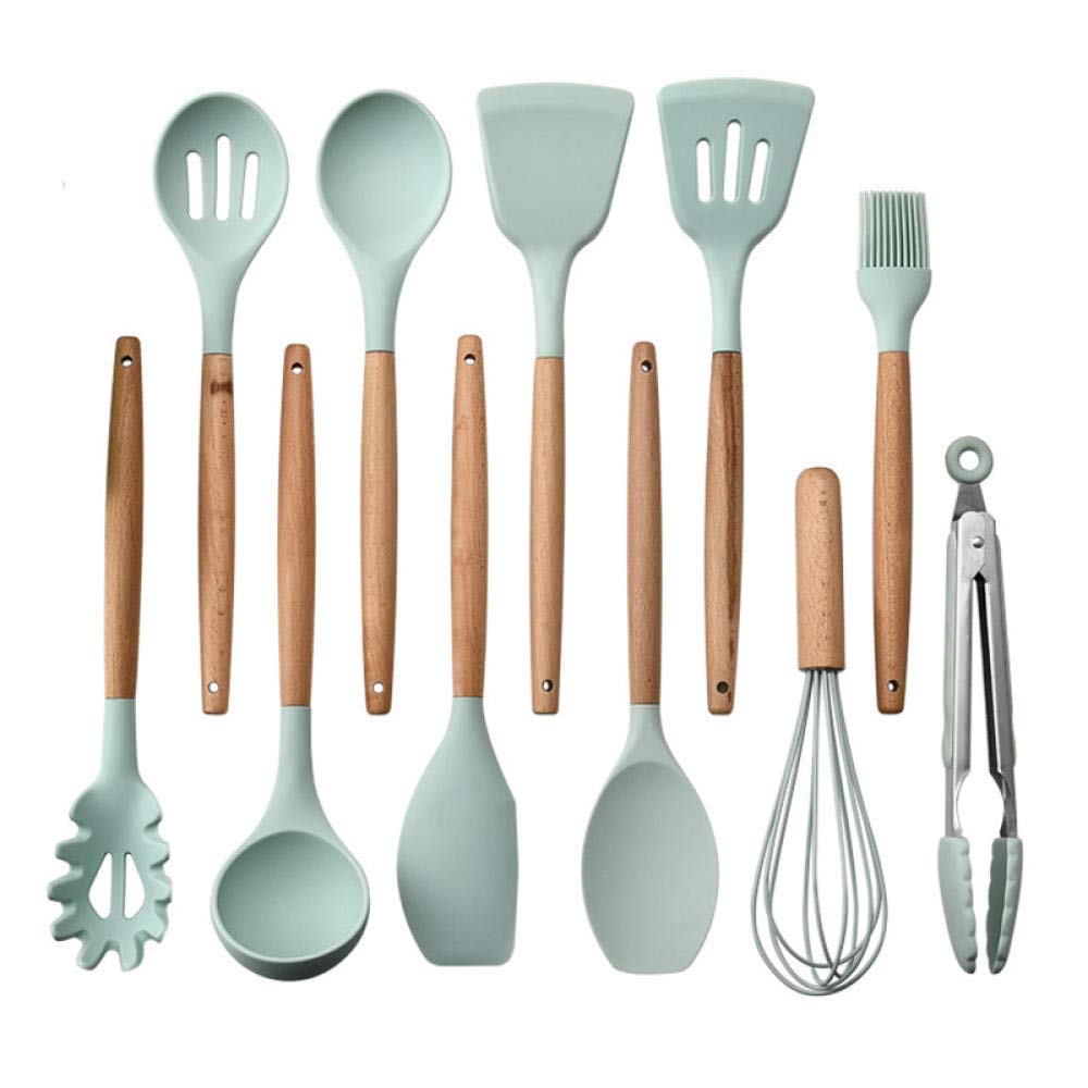 11-Piece Silicone Utensil Set with Wooden Handles