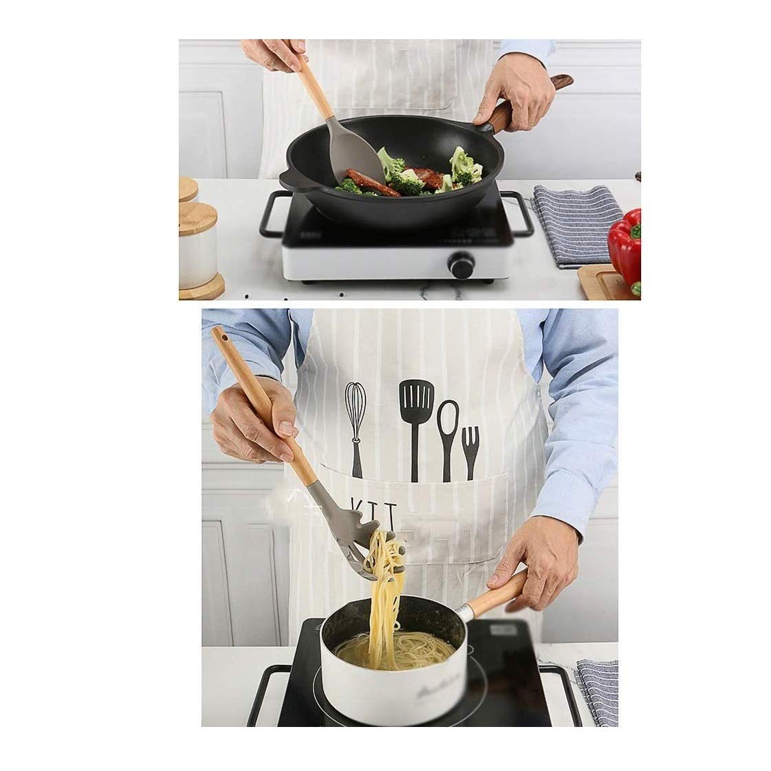 9-Piece Silicone Utensil Set with Wooden Handles
