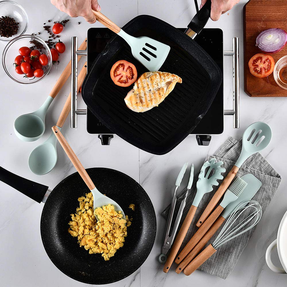 11-Piece Silicone Utensil Set with Wooden Handles