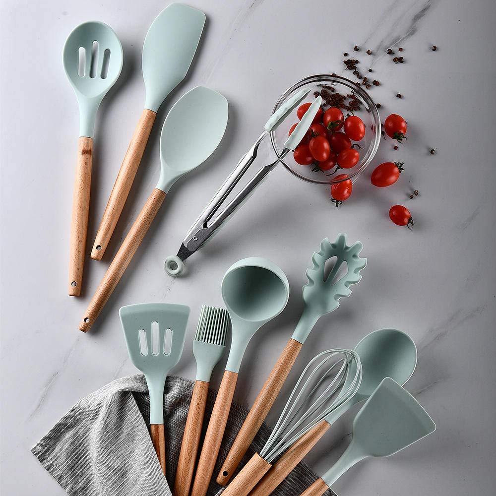11-Piece Silicone Utensil Set with Wooden Handles